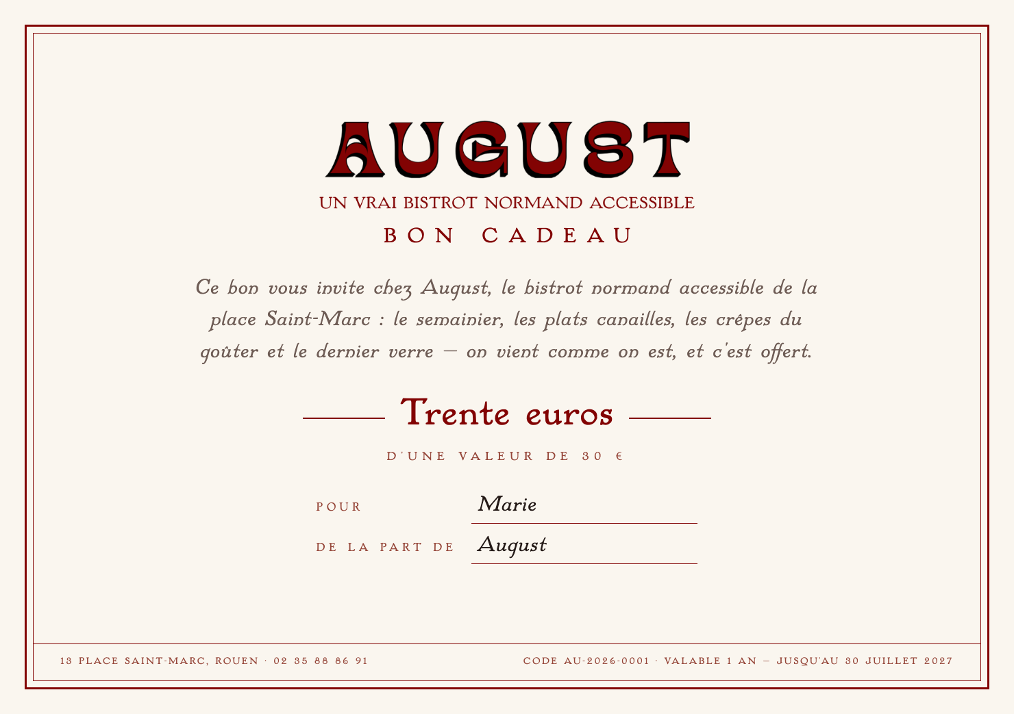 Aperçu du bon cadeau August : carte crème et rouge, esprit bouillon, champs Pour et De la part de